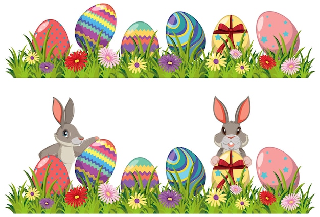 Vector decorated eggs and bunny on green grass