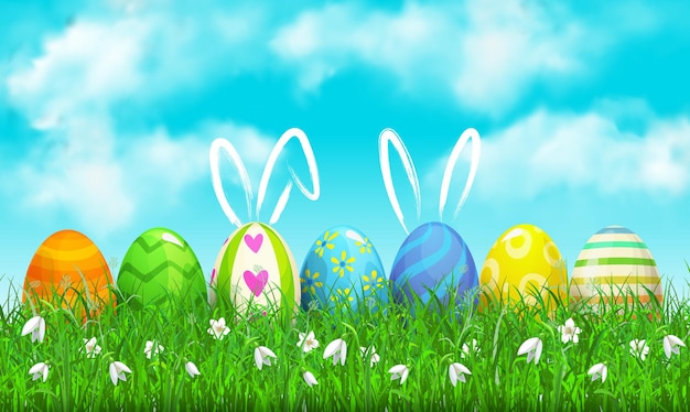 Decorated eggs with hand drawn rabbit ears on green grass under blue cloudy sky