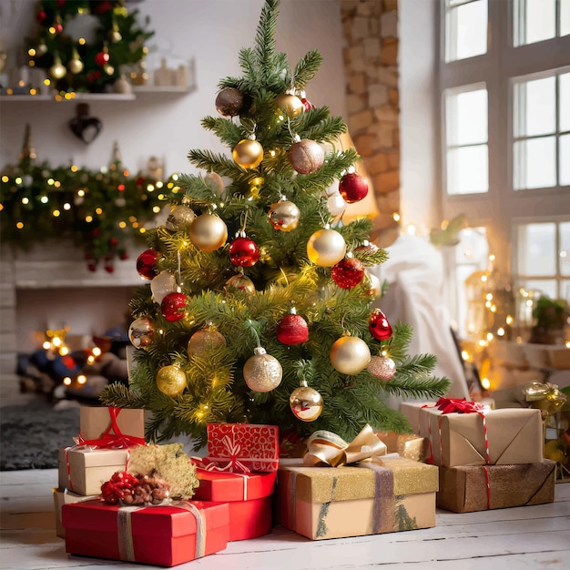 Вектор Украшенная золотой рождественская елка с золотым патчворком украшение искусственные звездные сердца подарки для новых