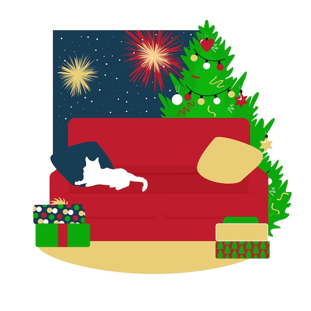 Vettore soggiorno decorato per le vacanze di natale scatole regalo albero divano rosso gatto bianco sulla poltrona petardi e neve nella finestra di notte sfondo casa natale appartamento