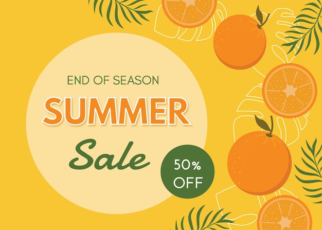 Decorated orange slice and tropical leaves summer banner