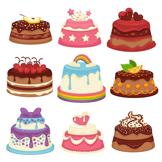 Vector decorated sweet festival cakes collection isolated on white.