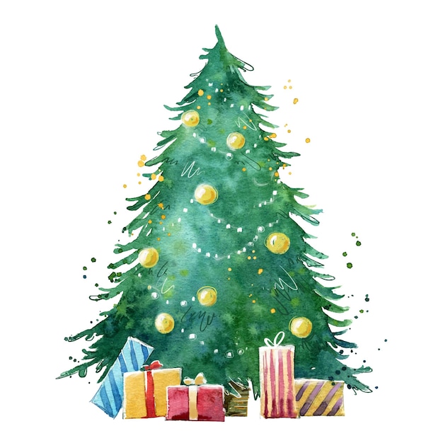 Vector decorated traditional christmas tree watercolor illustration hand painted