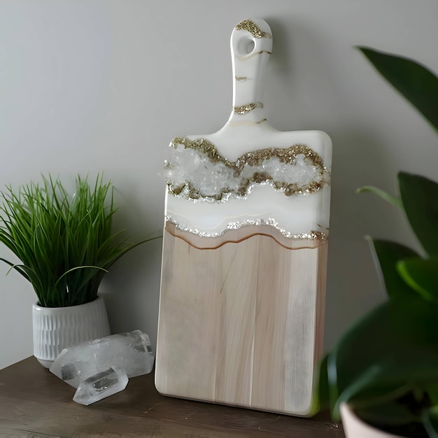 Decorated with diamonds cutting kitchen wooden board upright next to diamonds and flowers