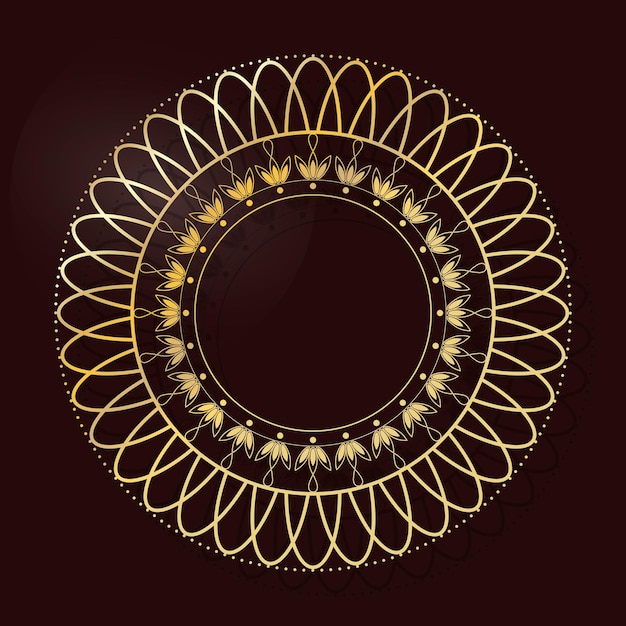 Decoratief opengewerkt rond frame met gouden abstract patroon op donkerrode achtergrond.