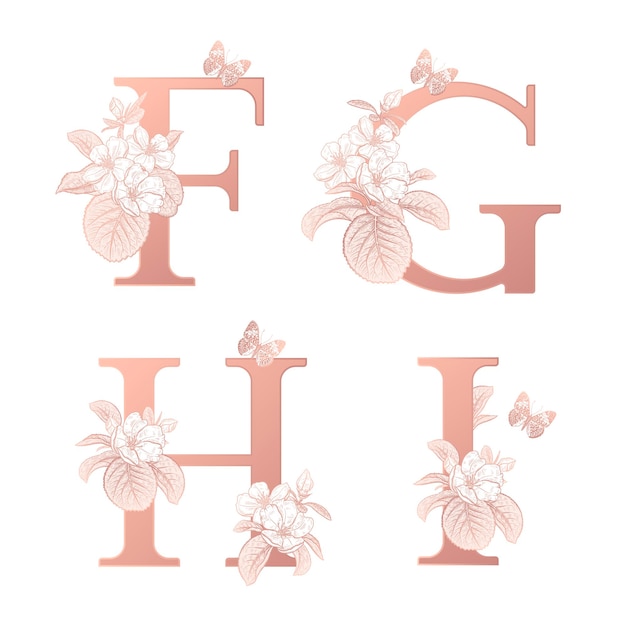 Decoraties met letter FGHI bloeiende sakura takken en vlinder