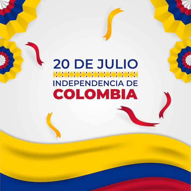 Decoratieve 20 juli Colombia-achtergrond met golvende vlaglinten en traditioneel patroon