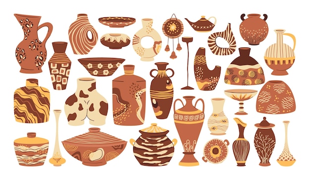 Decoratieve aardewerk klei keramische servies vazen en gerechten vector symbolen illustraties set