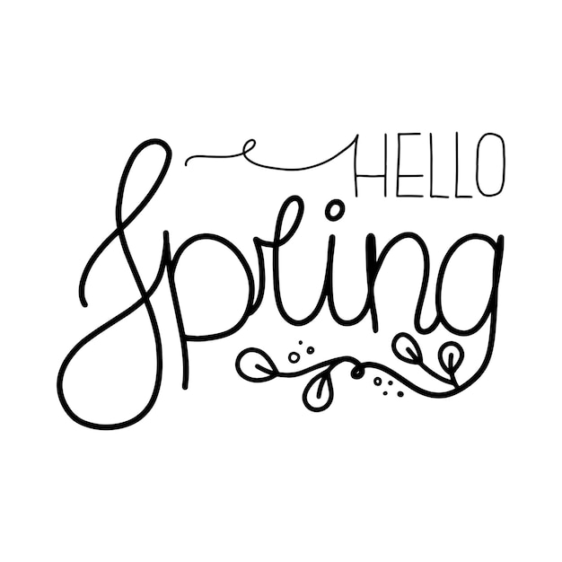 Decoratieve belettering HELLO SPRING met een gestileerde bladeren en cirkels aan het einde.