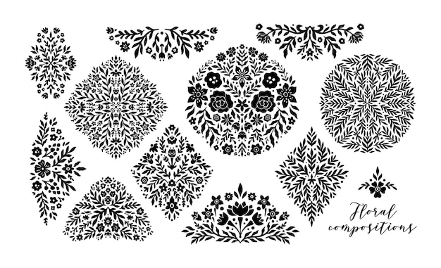 Vector decoratieve bloemen symmetrische ornament set collectie etnische bloei stencil in geometrische vormen fl