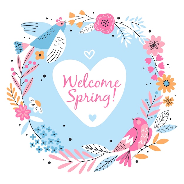 Decoratieve bloemenkrans met schattige patroonvogels Welkom lente frame poster wenskaart in doodle stijl bloemen vectorillustratie