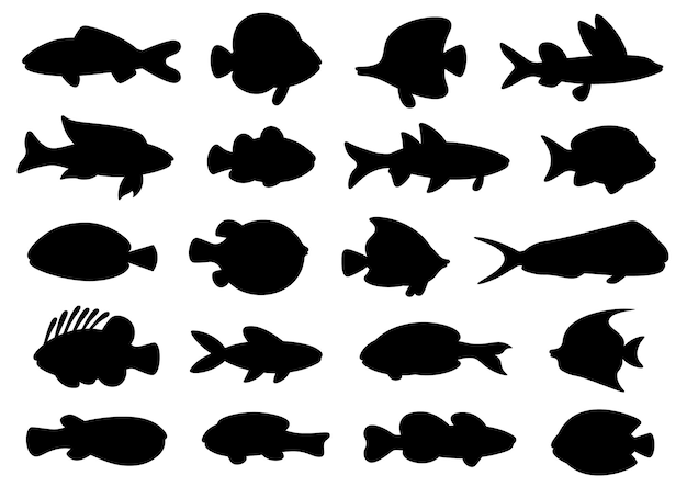 Vector decoratieve cartoon tropische zee koraal vissen aquarium geïsoleerd vector silhouetten