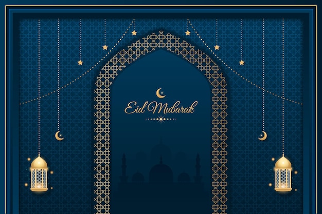 Vector decoratieve eid mubarak achtergrond met moskee en lantaarns