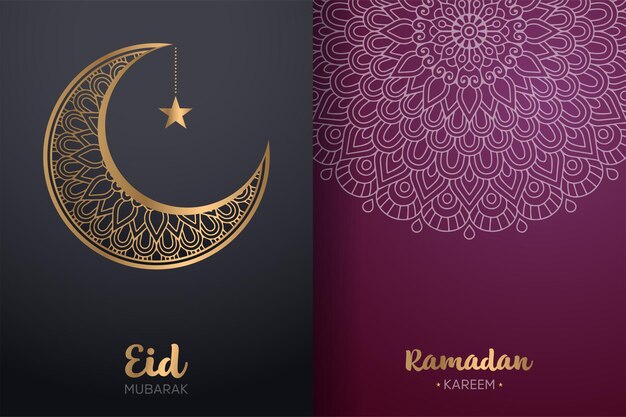 Decoratieve Eid Mubarak en Ramadan Kareem-kaart met mandala en wassende maan.