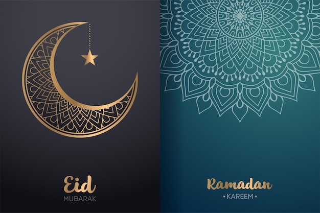 Decoratieve Eid Mubarak en Ramadan Kareem-kaart met mandala en wassende maan.