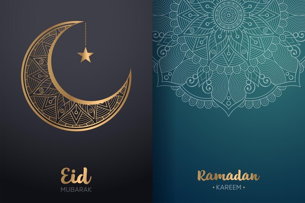 Decoratieve Eid Mubarak en Ramadan Kareem-kaart met mandala en wassende maan.