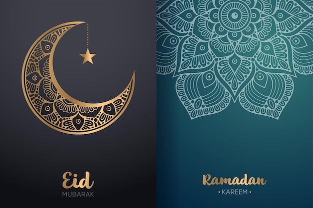 Decoratieve Eid Mubarak en Ramadan Kareem-kaart met mandala en wassende maan.