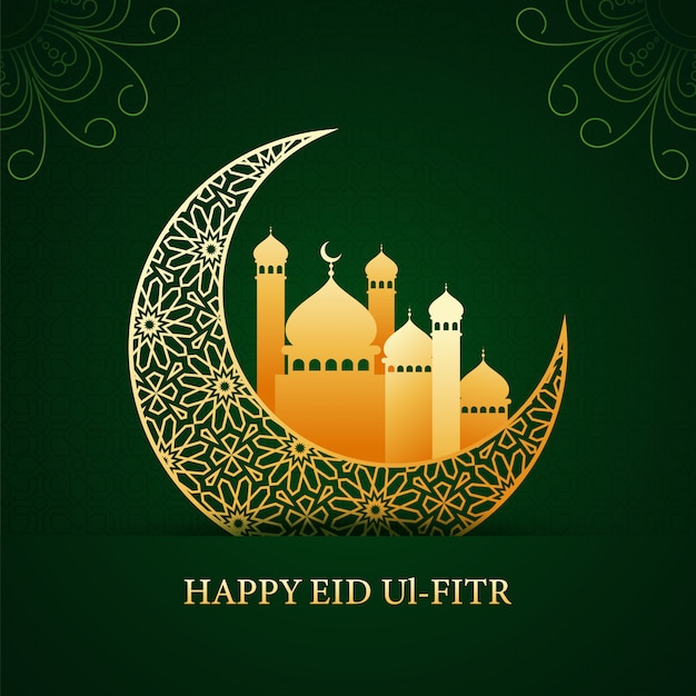 Decoratieve gouden halve maan met moskee op groene arabische patroon achtergrond voor gelukkig eid ul fitr viering concept.
