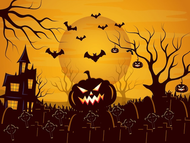 Decoratieve Halloween-achtergrond met diverse bomen, en graf.