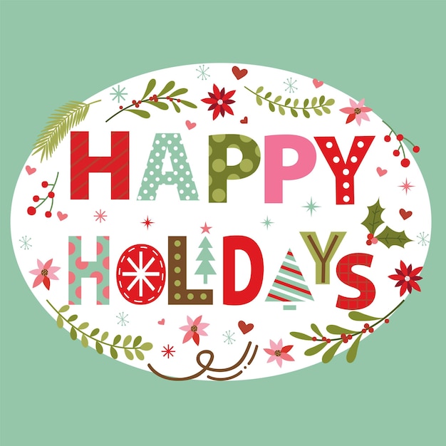 Vector decoratieve happy holidays-briefgroet met kerstblad