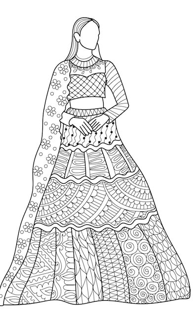 Decoratieve Indiase kledingmode kleurboekpagina met henna-stijl