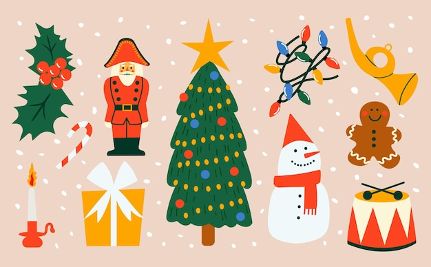 Decoratieve kerstcollectie met verschillende kerstelementen Wenskaart of bannersjabloon