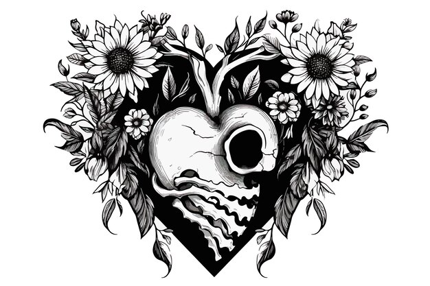 Vector decoratieve naturalistische hart in een frame van bloemen en doornenvintage gotische stijl geïnspireerd