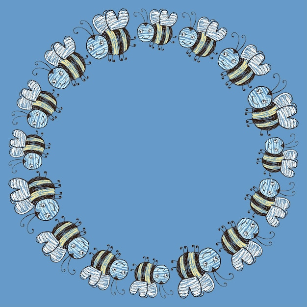 Decoratieve ronde rand van getekende cartoon vliegende vrolijke bijen