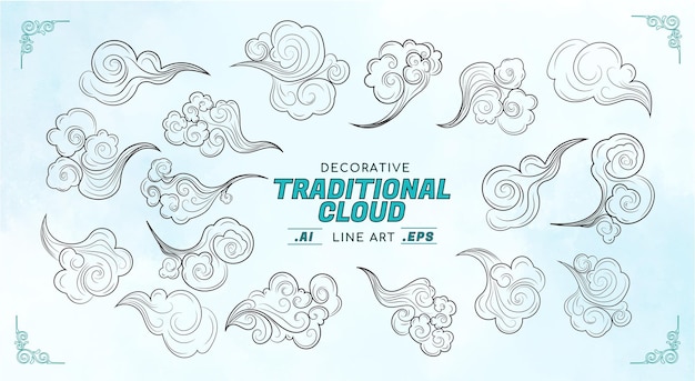 Decoratieve traditionele Cloud Line Art Vector Set