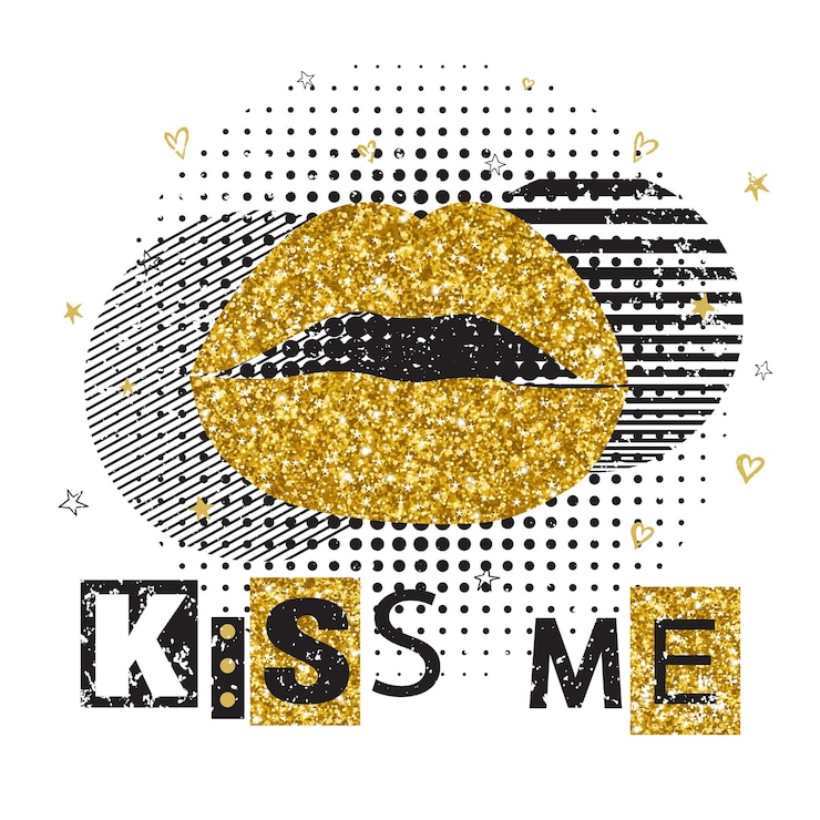 Vector decoratieve typografie poster kiss me lips met gouden glinsteringen kan worden gedrukt op t-shirts