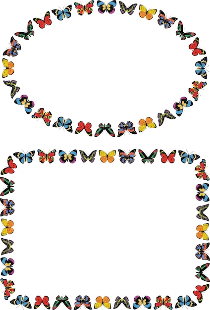 Decoratieve vectorframes van verschillende getekende kleurrijke vlinders