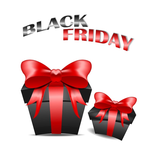 Decoratieve zwarte geschenkdoos met rode strik en prijskaartje geïsoleerd op wit voor zwarte vrijdag verkoop ontwerp vectorillustratie