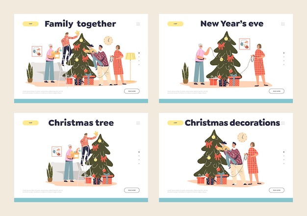 Decorare le pagine di destinazione dell'albero di natale con la famiglia felice prepararsi per natale e capodanno