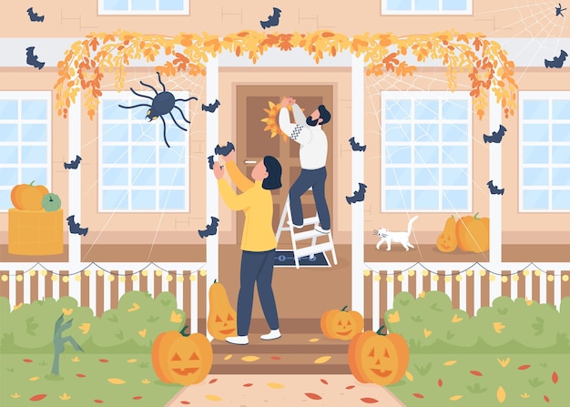 Vector decorating home for halloween flat color vector illustration