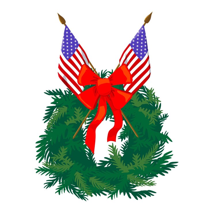 Vector decoration for national wreath through america day vector wreath of evergreen branches and us flags traditional memorial day for heroes at the national cemetery in december vector illustration