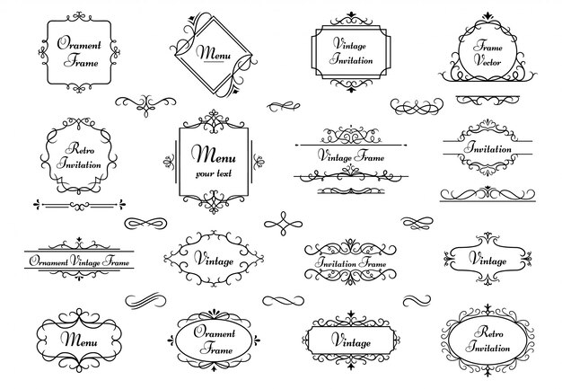 Decoration ornament frame. Calligraphy swirl heraldic frames, decorative elegant monogram border and vintage wedding elements  illustration  set. victorian floral book retro dividers