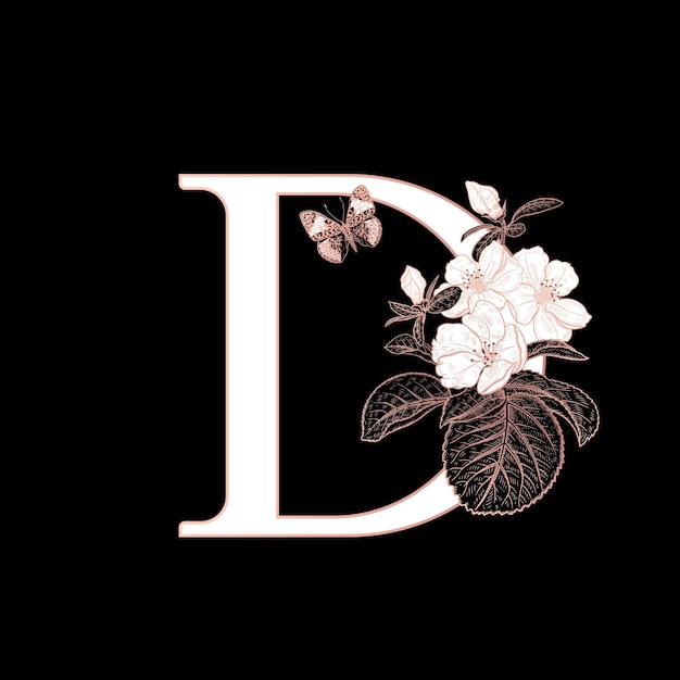 Вектор Украшения с буквой d цветущие ветки сакуры и бабочка