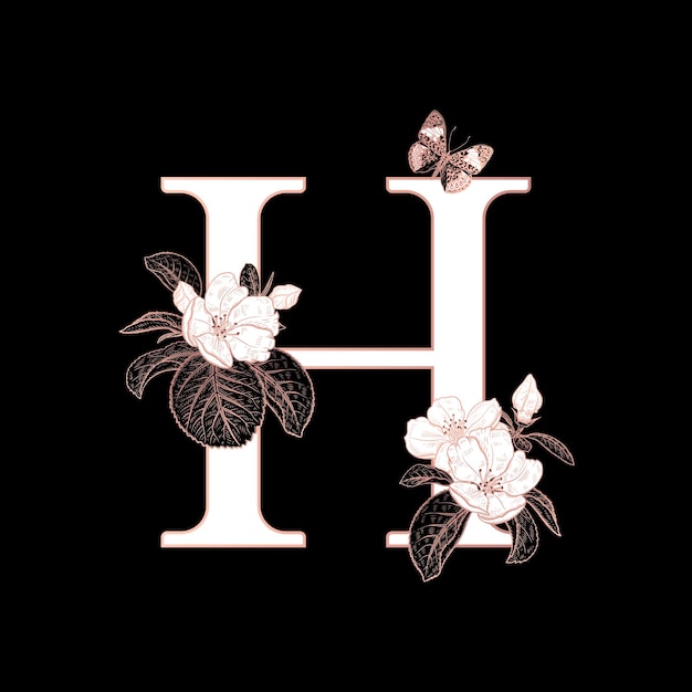 ベクトル 文字 h 開花桜の枝と蝶の装飾