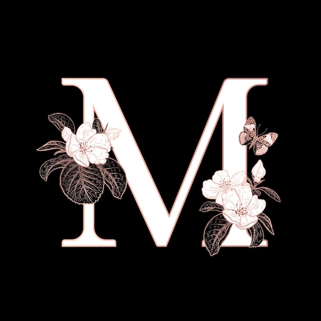 Vector decorations with letter m flowering sakura branches and butterfly