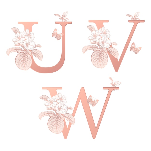 Decorations with letter U V W flowering sakura branches and butterfly