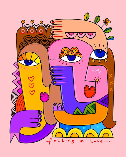 ベクトル 装飾的な抽象的なカップルの顔人手描きベクトル イラスト キュビズム図形線