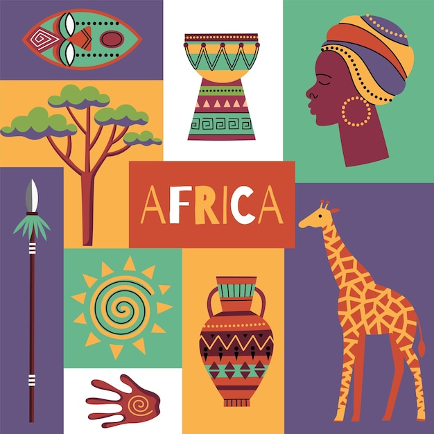 Vector decorative african patchwork poster colorful ethnic and traditional elements tribal and natural items trees and animals vector concept