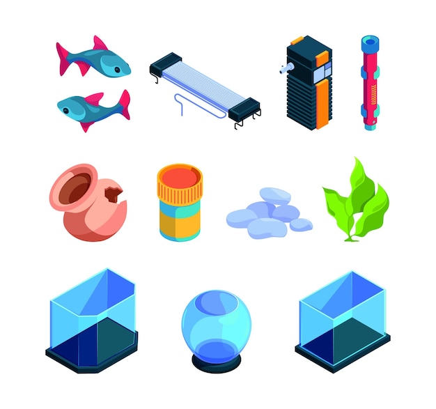 Decorative aquarium Interior glass tanks with water different 3d shapes home for fishes tools for aquarium filter underwater reef tropical pets garish vector isometric set