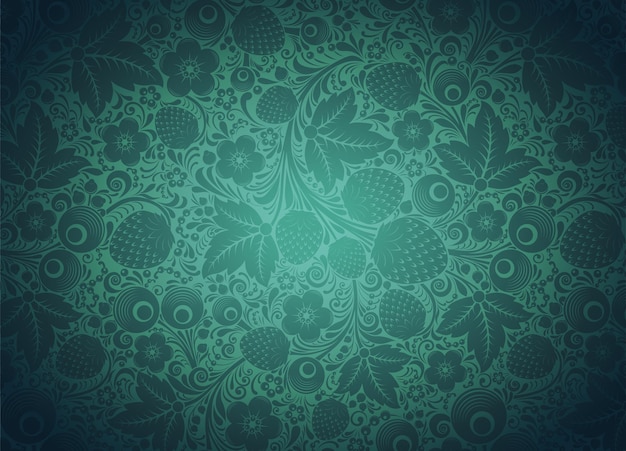 Decorative background in green with flowers leaves and berries in the style of russian khokhloma