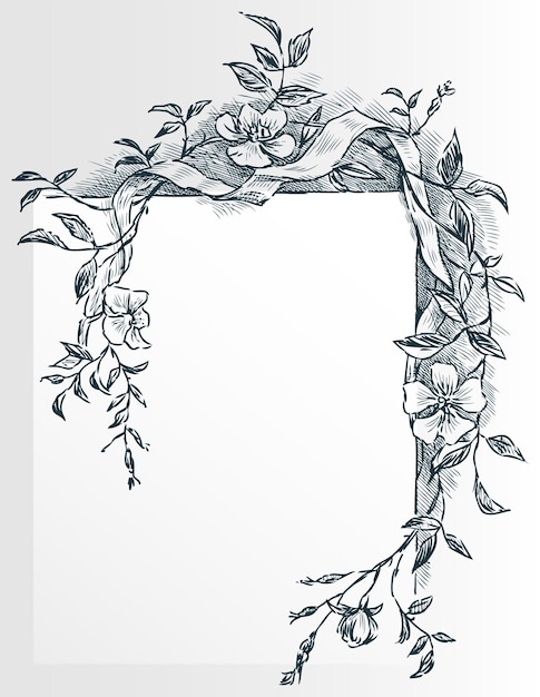 Decorative background with border from sketch vintage twig with flowers and ribbon