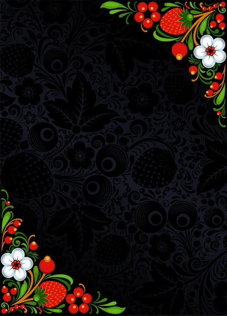 Sfondo decorativo con motivi estivi fiori e bacche nello stile del khokhloma russo