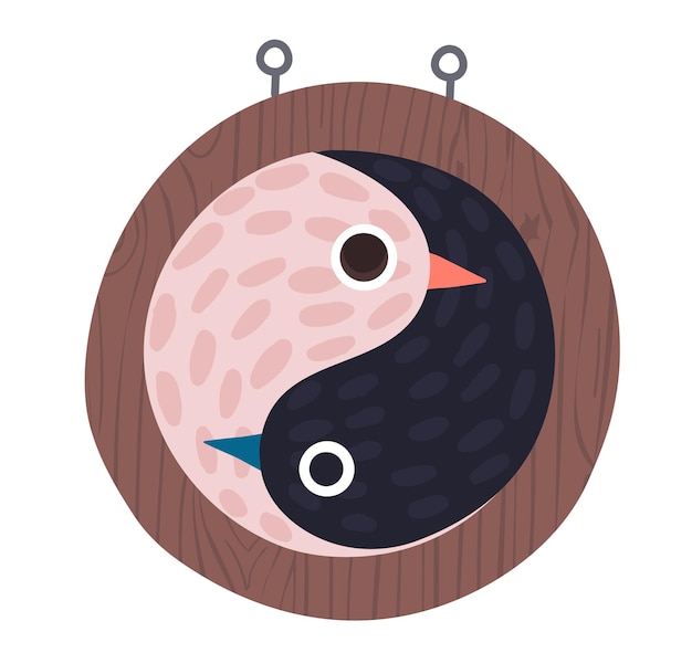 Concetto di uccello decorativo etichetta orientale yin yang ricamo in legno in stile asiatico isolato su illustrazione vettoriale cartoon bianca cartello da parete della fauna selvatica di design