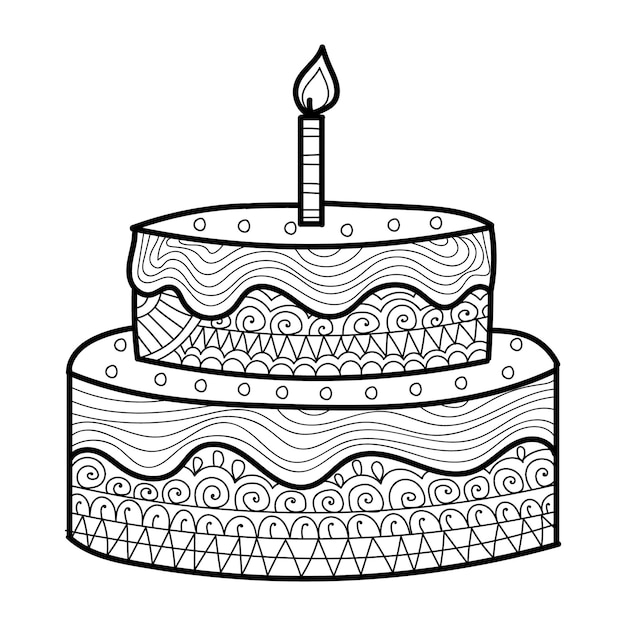 Decorative birthday cake coloring book page