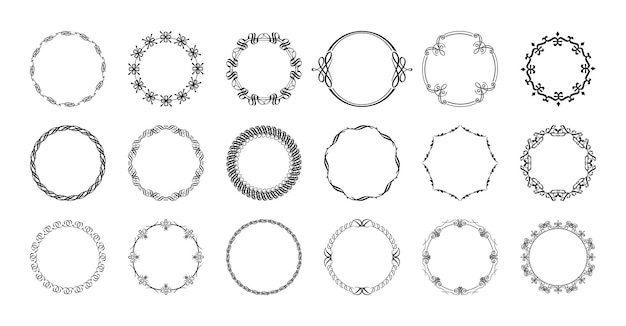 Вектор Декоративные черно-белые винтажные рамки и бордюры устанавливают ретро-орнаментальную рамку с круглыми украшениями