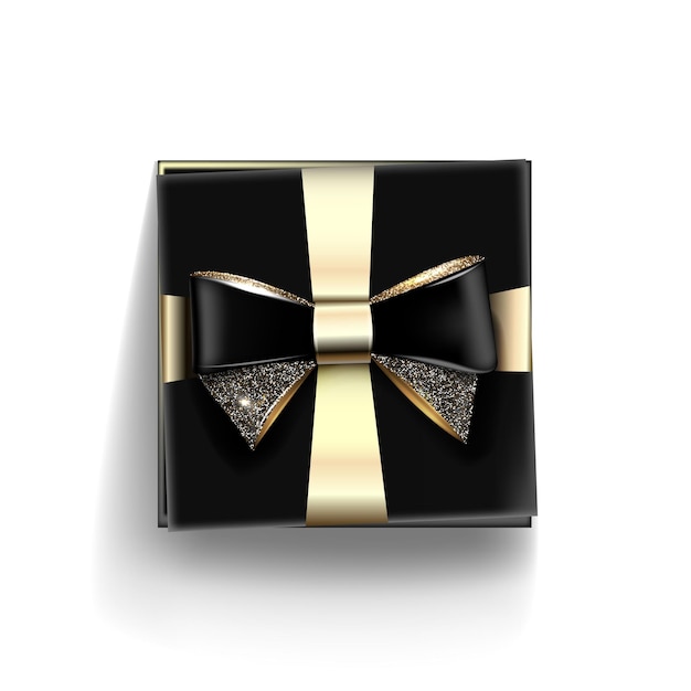 Vector decorative black gift box with golden bow and long ribbon vector